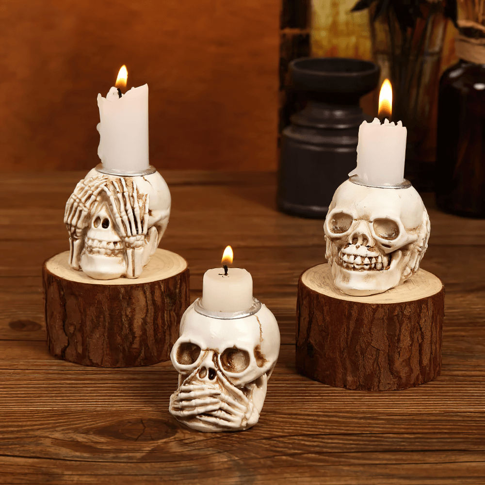 Skull Candle Holders Set with Skeleton Hand Design
