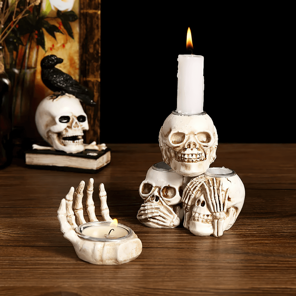 Skull Candle Holders Set with Skeleton Hand Design