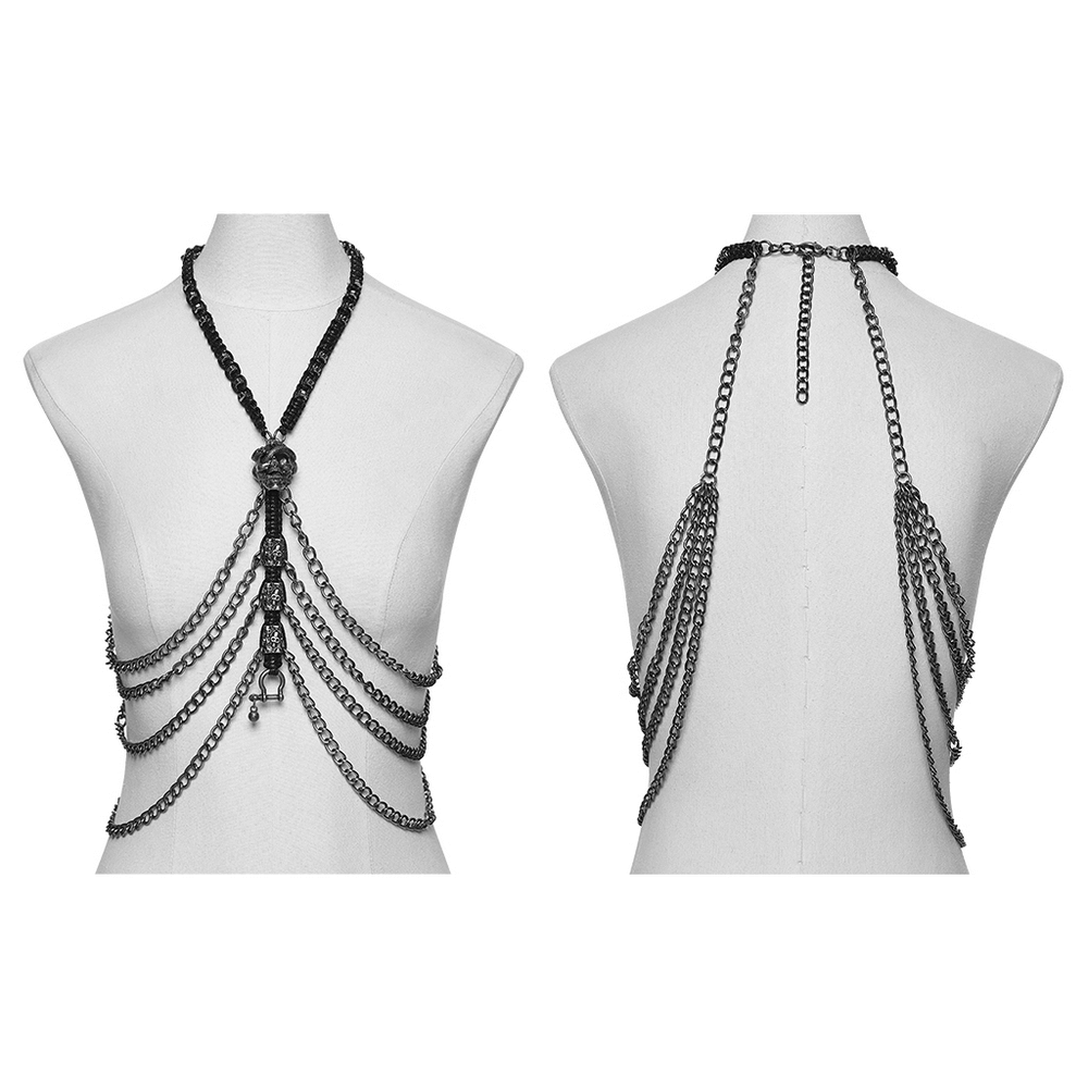Skull Chain Harness Necklace with Layered Metal Design