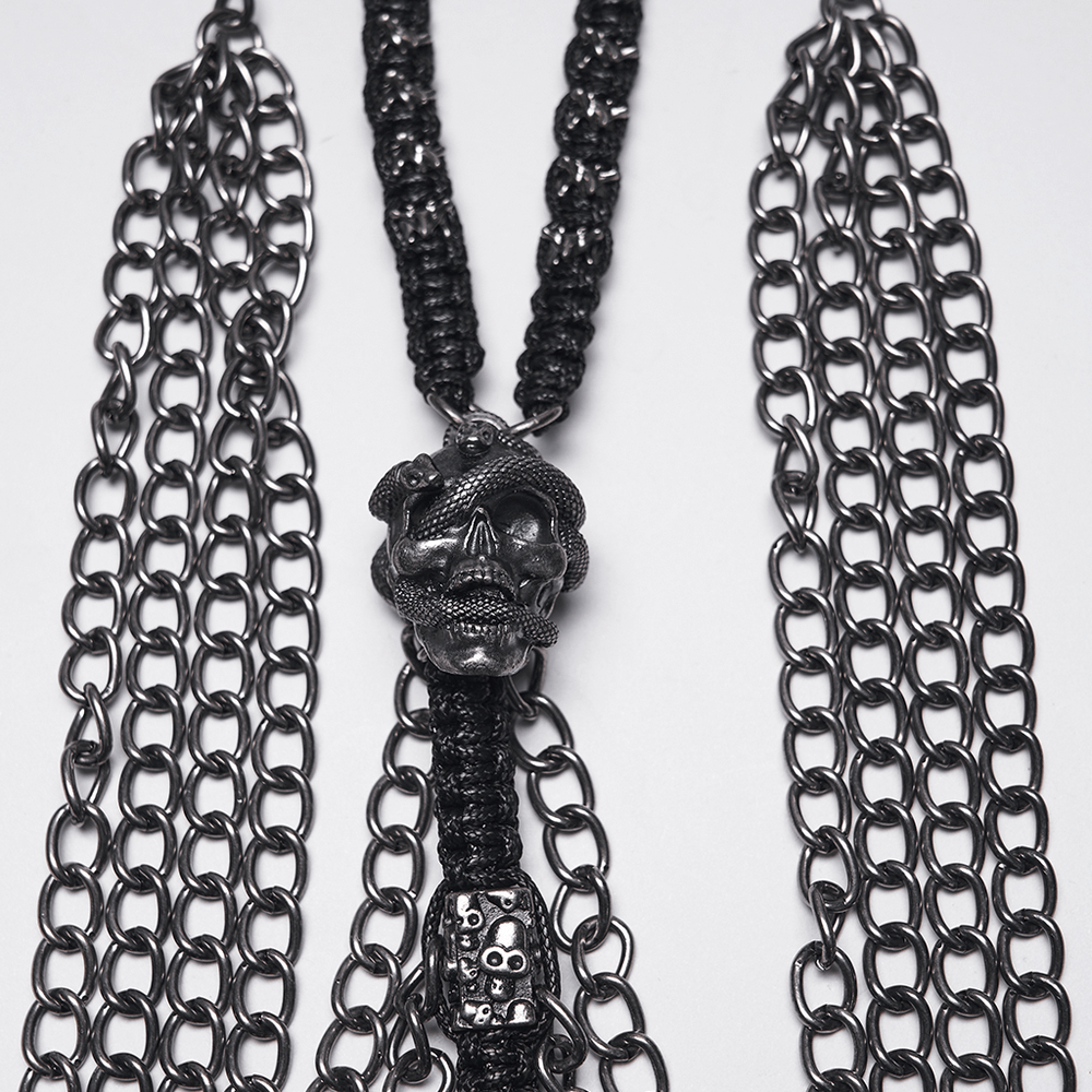 Skull Chain Harness Necklace with Layered Metal Design
