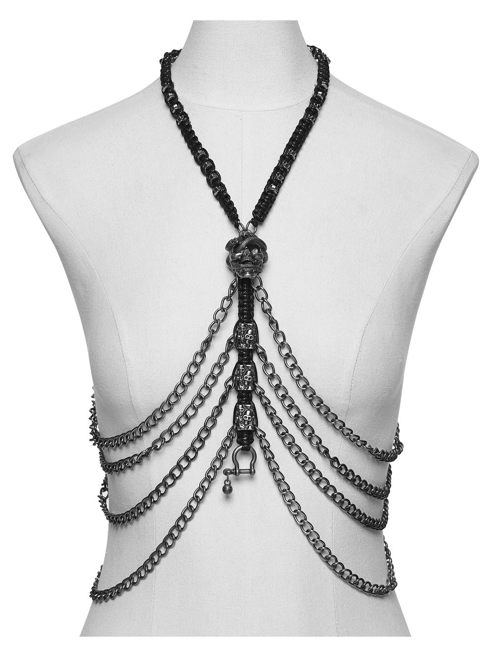 Skull Chain Harness Necklace with Layered Metal Design