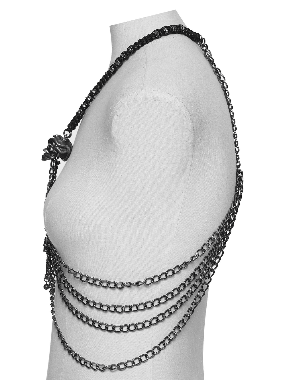 Skull Chain Harness Necklace with Layered Metal Design
