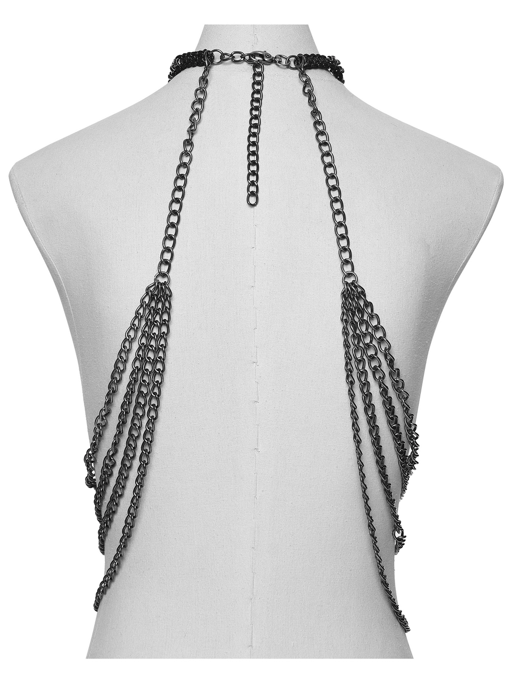 Skull Chain Harness Necklace with Layered Metal Design
