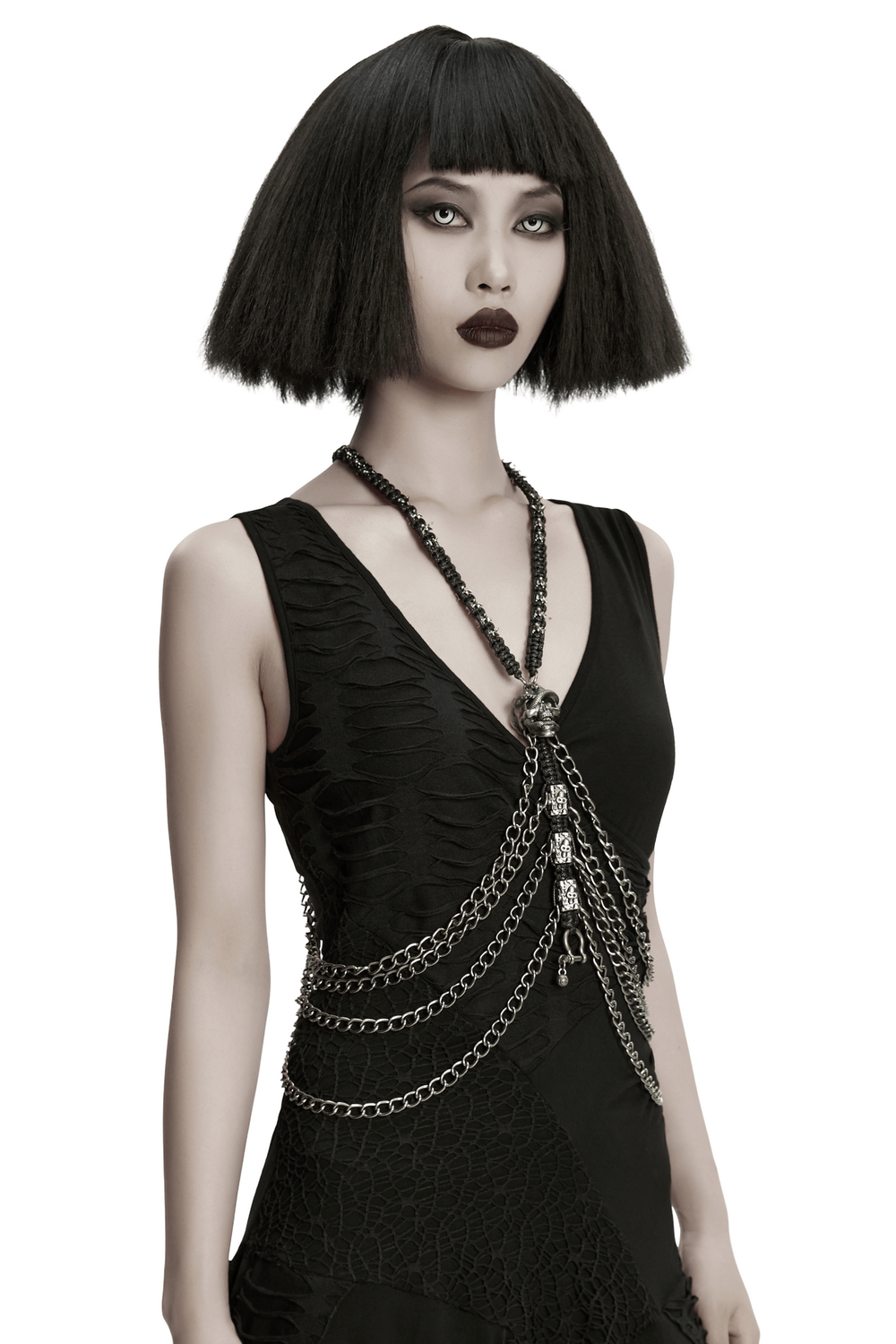 Skull Chain Harness Necklace with Layered Metal Design