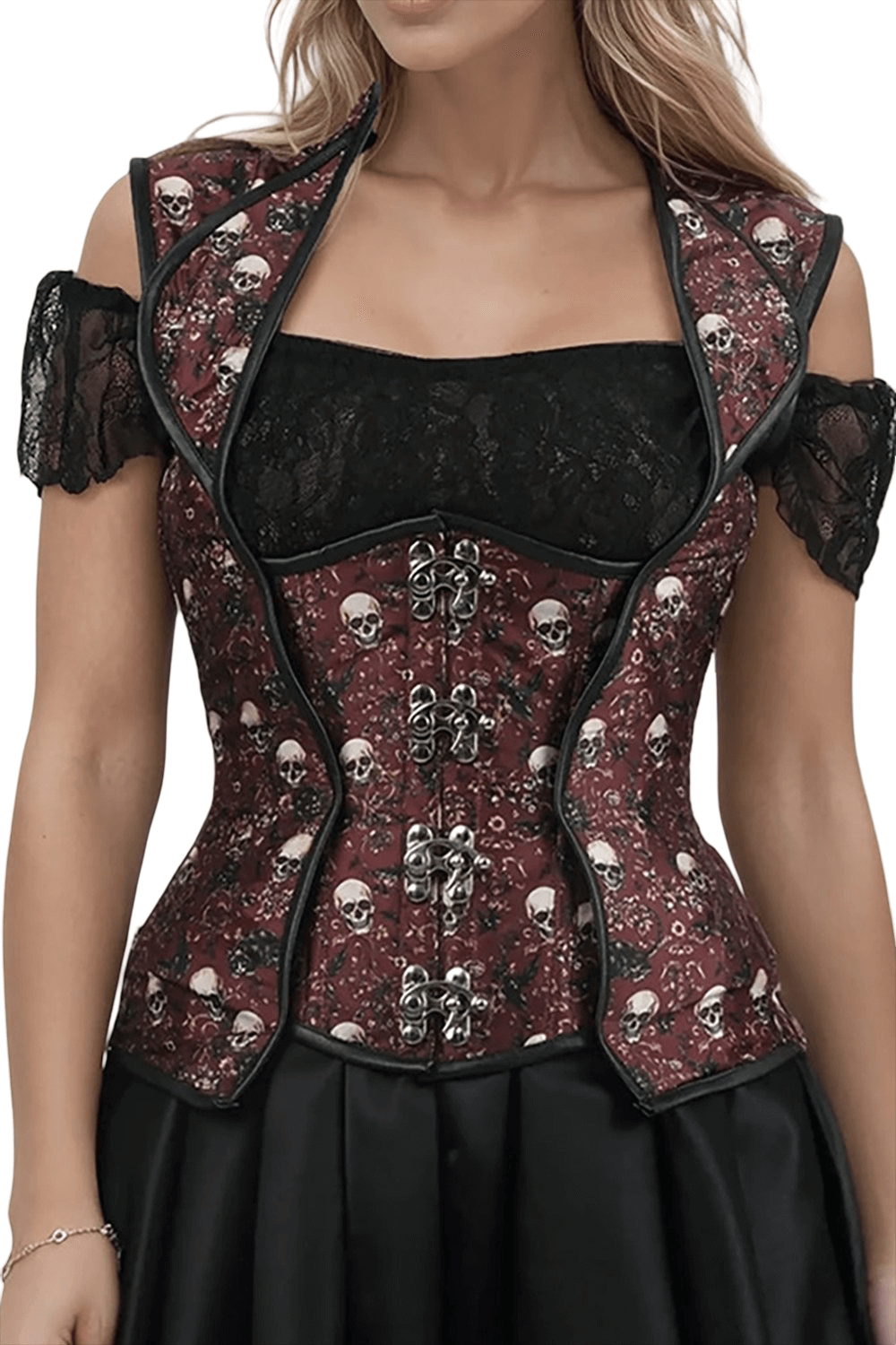 Skull Corset with Lapel Halter in Red and Black Gothic Style