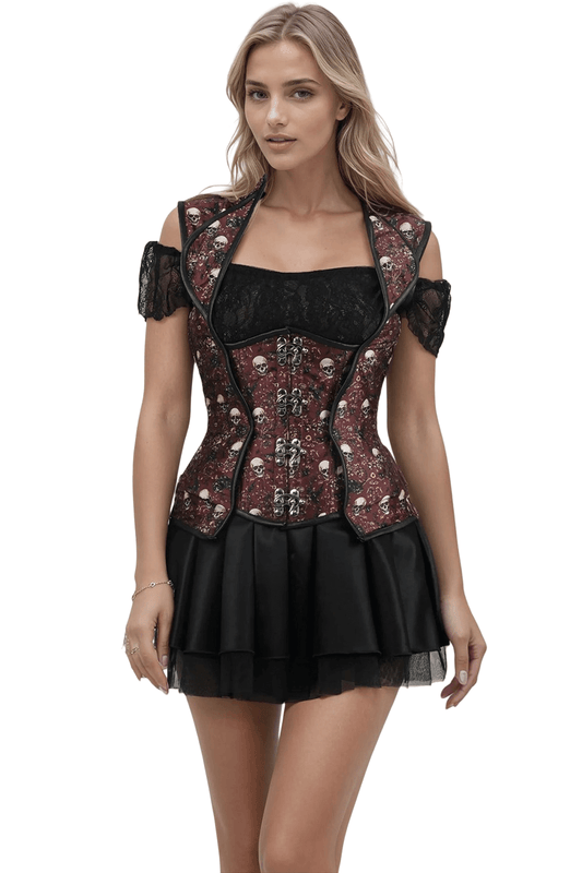 Skull Corset with Lapel Halter in Red and Black Gothic Style