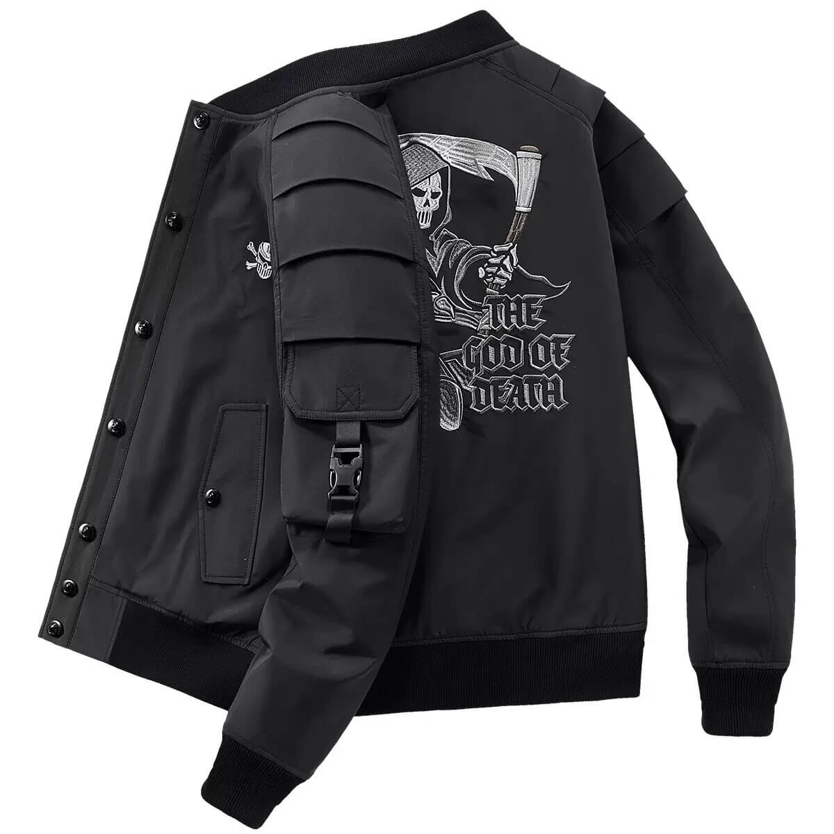 Skull Embroidery Bomber Jacket for Men / Military Male Black Jacket with Zipper