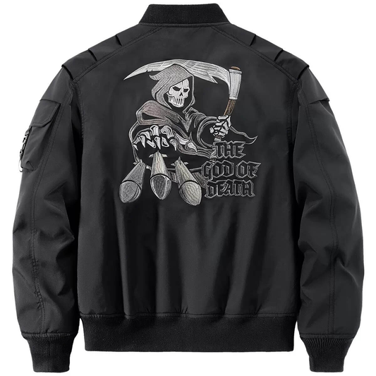 Skull Embroidery Bomber Jacket for Men / Military Male Black Jacket with Zipper