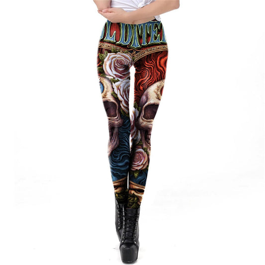 Skull Head Print Leggings for Halloween / Women Carnival Ghost Pattern Pants in Gothic Style #8