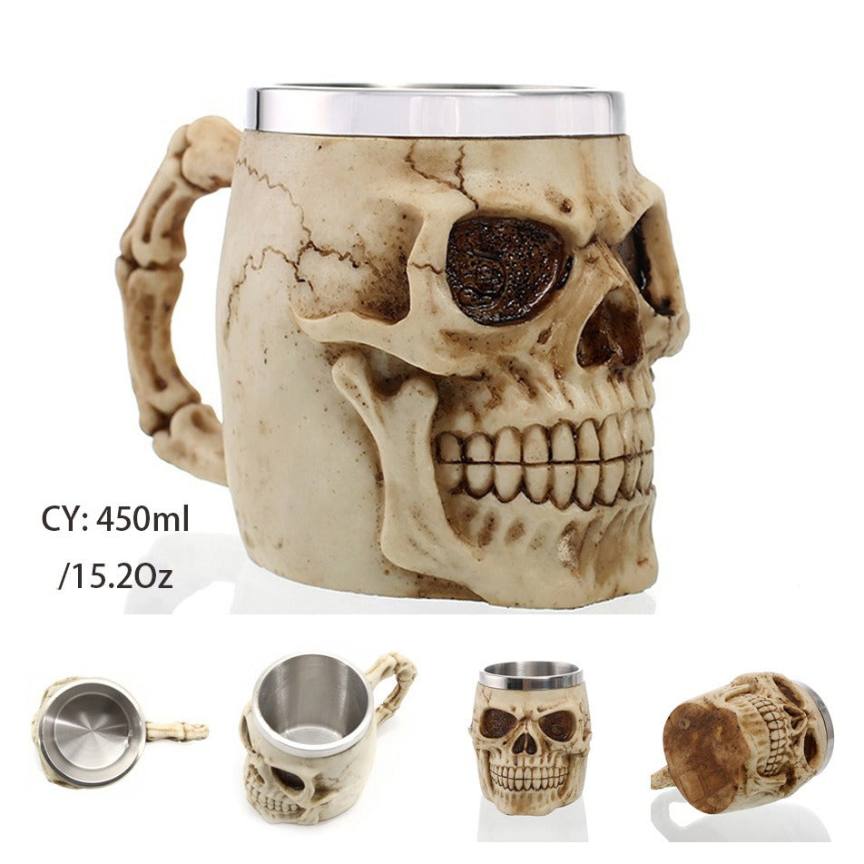 Skull King Resin and Stainless Steel Beer 450ml Mug / Retro Viking Pub Bar Mug with Scary Skull