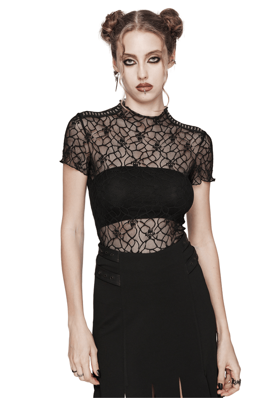 Skull Mesh Short Sleeved Punk T-Shirt for Women