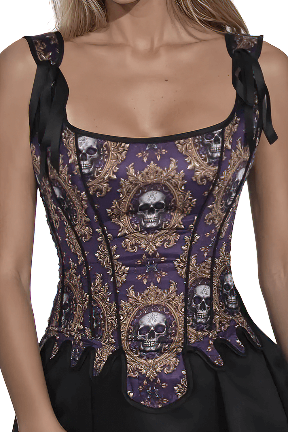Skull Print Gothic Corset with Lacing and Side Zipper