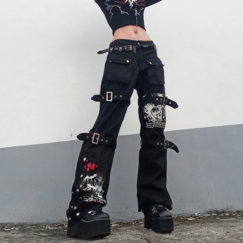 Skull Print Women's Black Buckle Pants / Gothic Style High Waist Trousers with Big Pockets