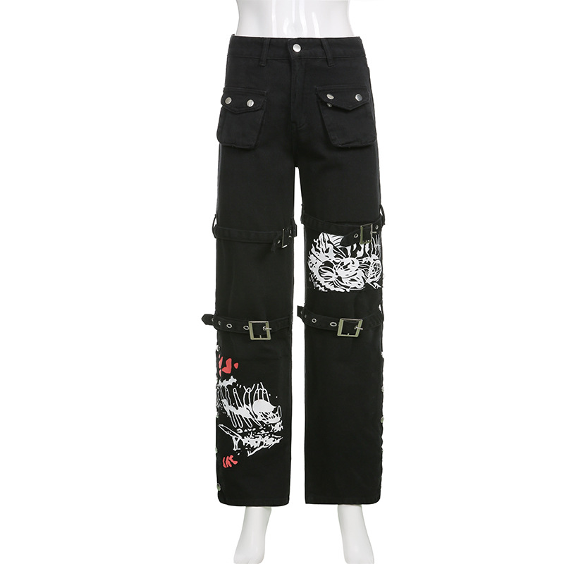 Skull Print Women's Black Buckle Pants / Gothic Style High Waist Trousers with Big Pockets