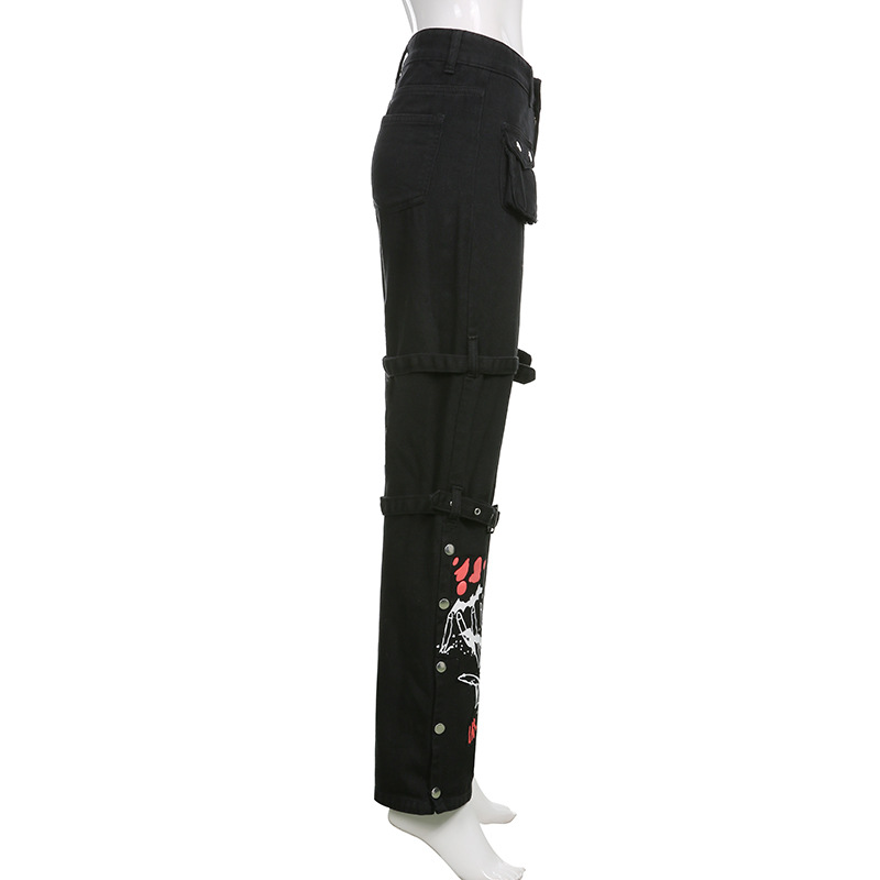 Skull Print Women's Black Buckle Pants / Gothic Style High Waist Trousers with Big Pockets