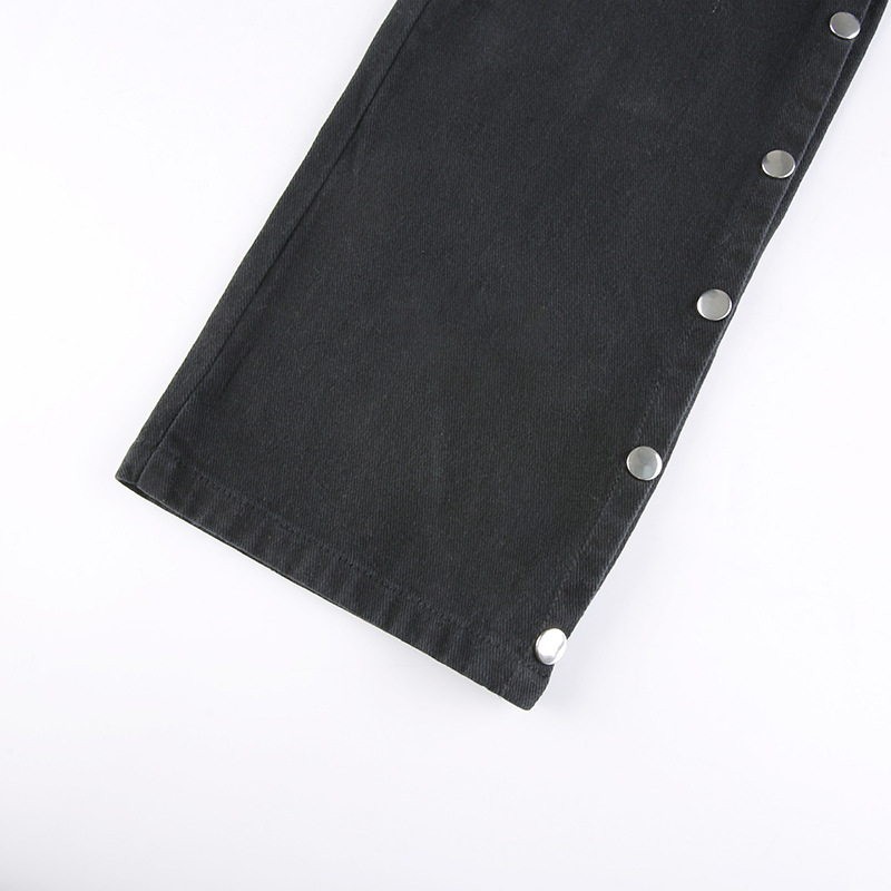 Skull Print Women's Black Buckle Pants / Gothic Style High Waist Trousers with Big Pockets