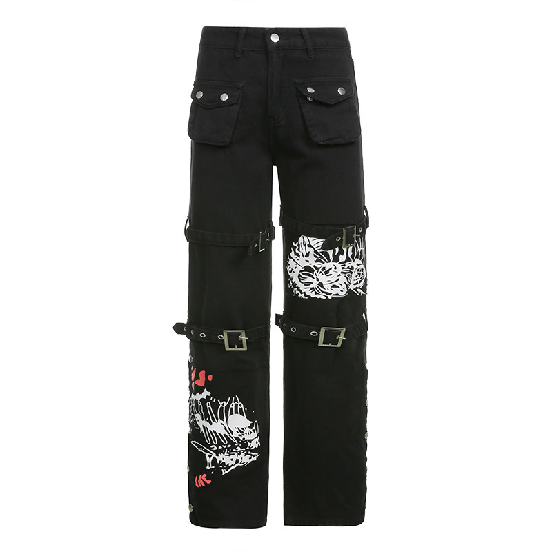 Skull Print Women's Black Buckle Pants / Gothic Style High Waist Trousers with Big Pockets