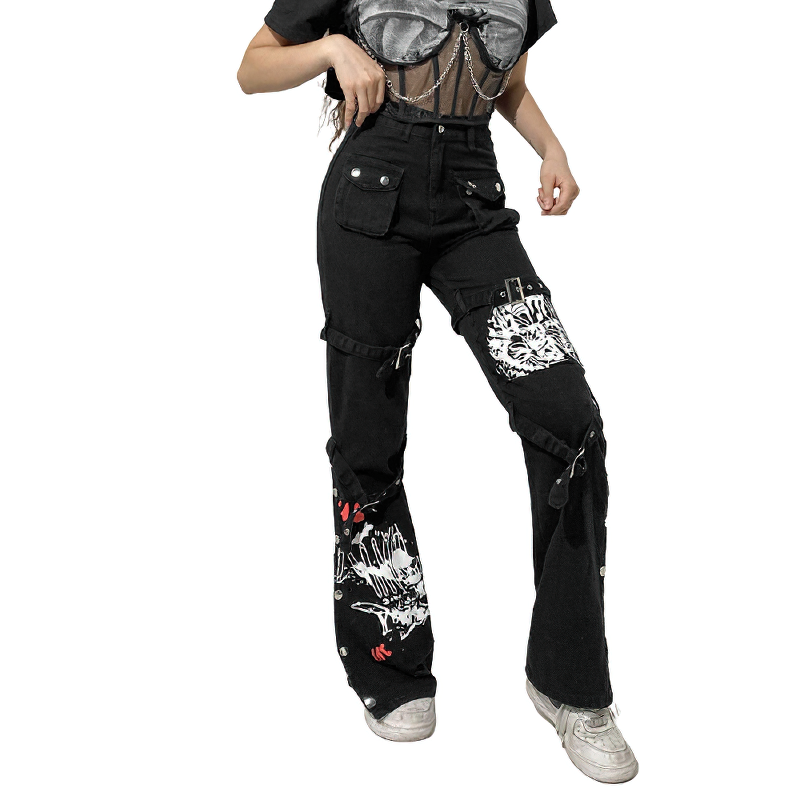 Skull Print Women's Black Buckle Pants / Gothic Style High Waist Trousers with Big Pockets