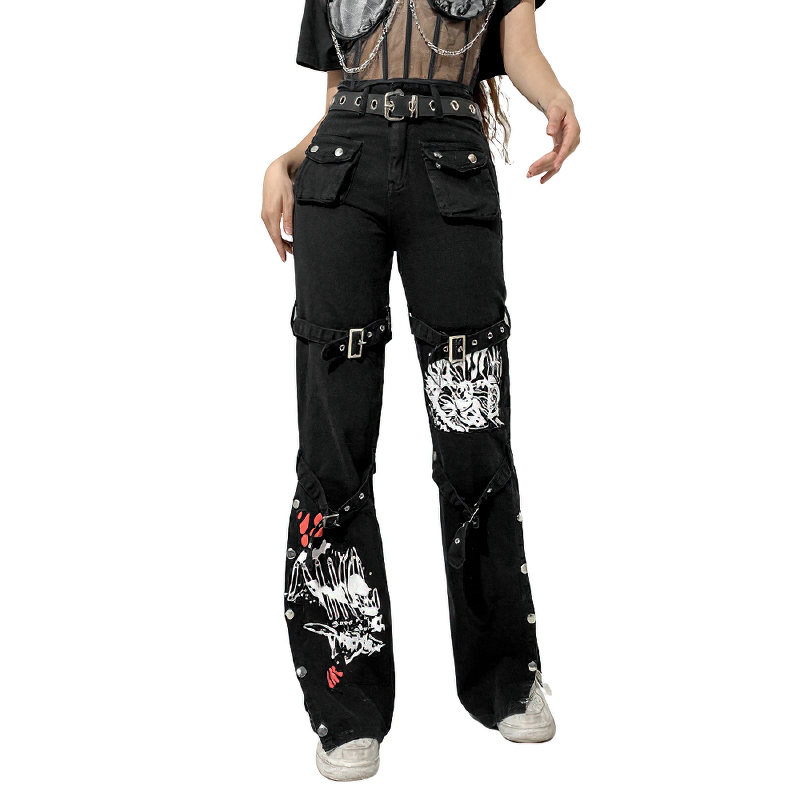 Skull Print Women's Black Buckle Pants / Gothic Style High Waist Trousers with Big Pockets