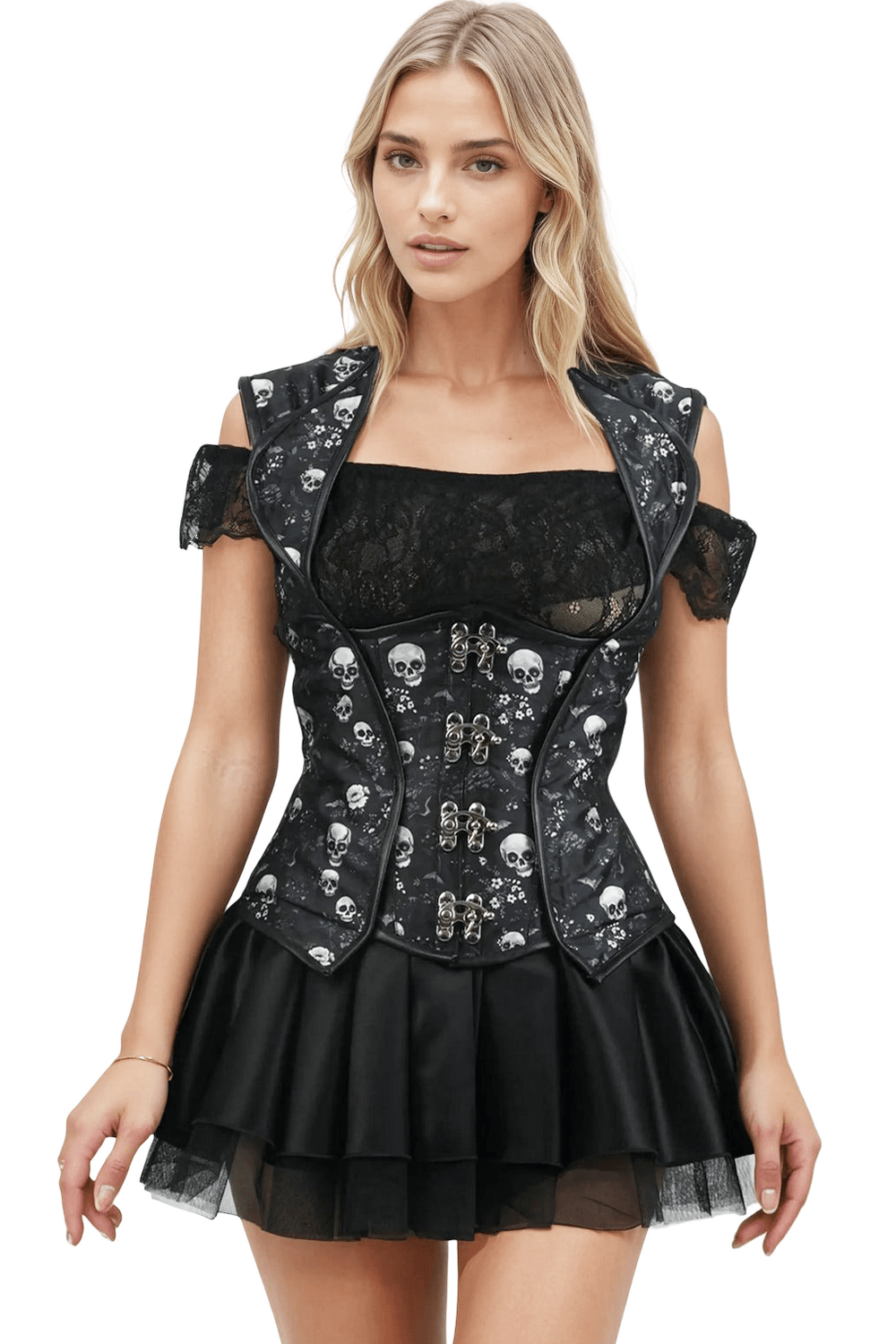 Skulls Print Underbust Corset with Lace Detail