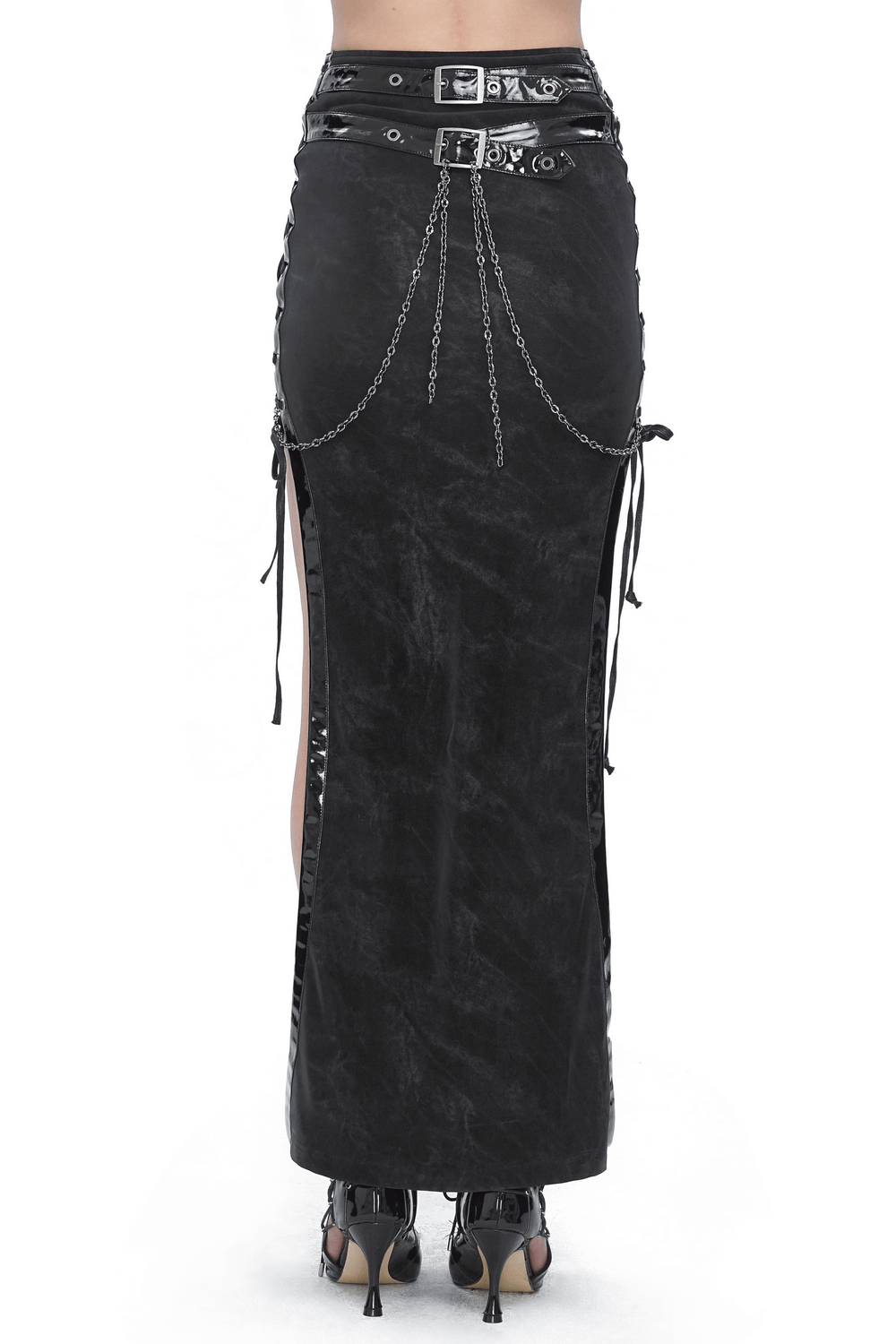 Sleek Black Maxi Skirt with Sides Lacing Details