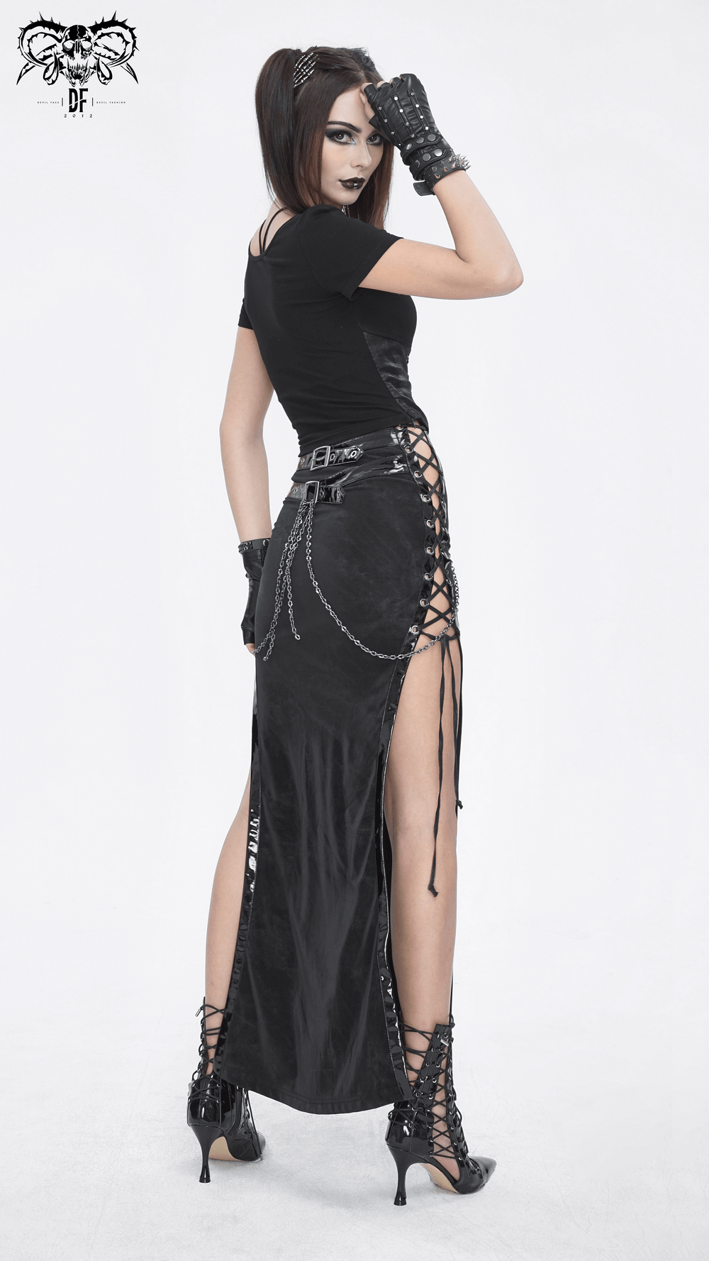 Sleek Black Maxi Skirt with Sides Lacing Details