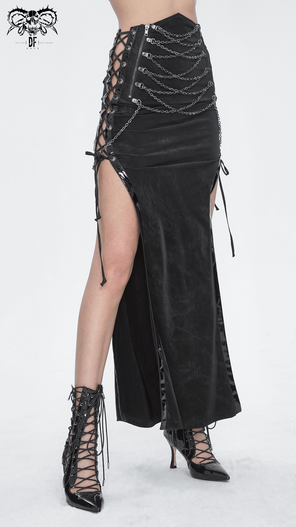Sleek Black Maxi Skirt with Sides Lacing Details