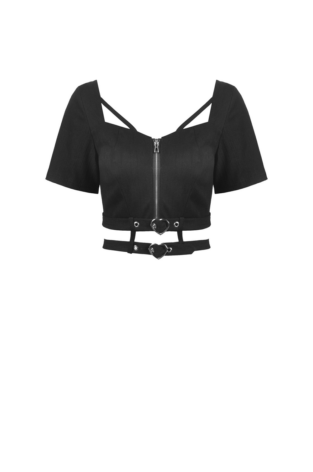 Sleek Black Zip-Up Crop Top with Belt Accents