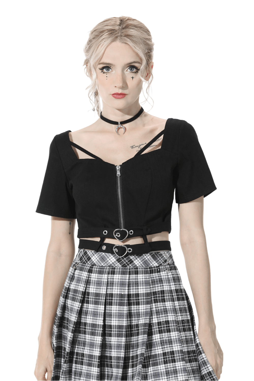 Sleek Black Zip-Up Crop Top with Belt Accents