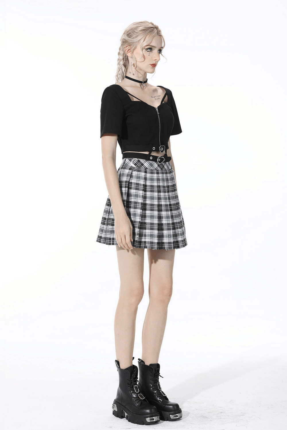 Sleek Black Zip-Up Crop Top with Belt Accents