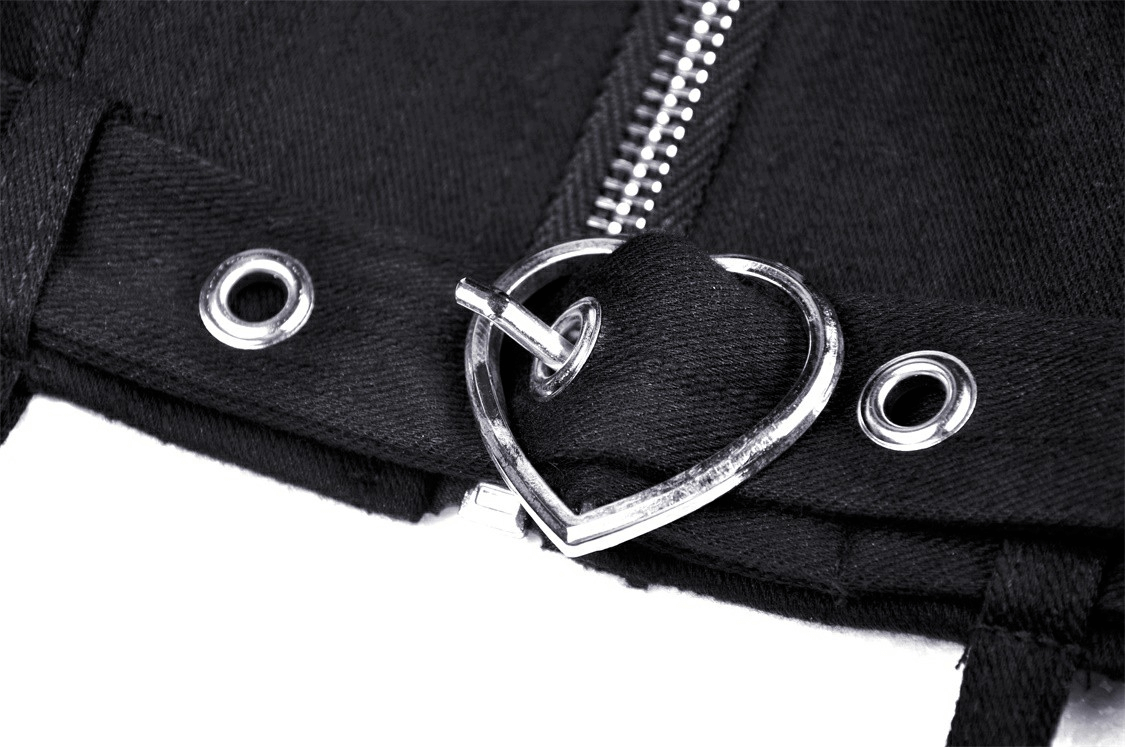 Sleek Black Zip-Up Crop Top with Belt Accents