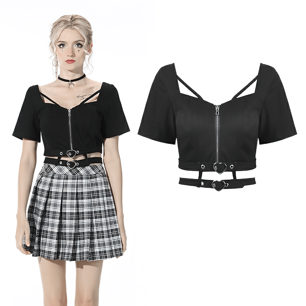 Sleek Black Zip-Up Crop Top with Belt Accents