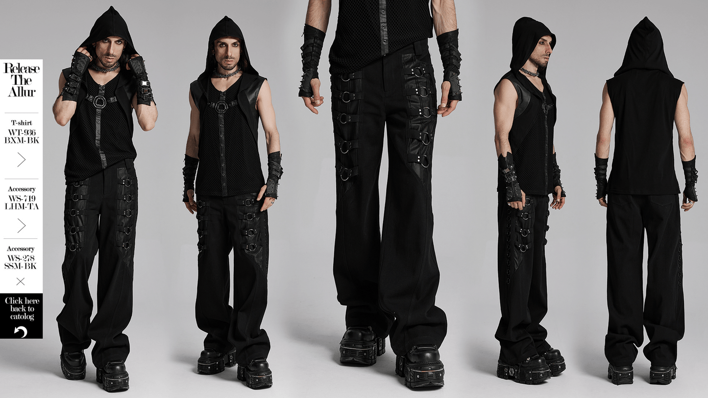 Sleek Gothic Black Pants with Metal Loops for Men