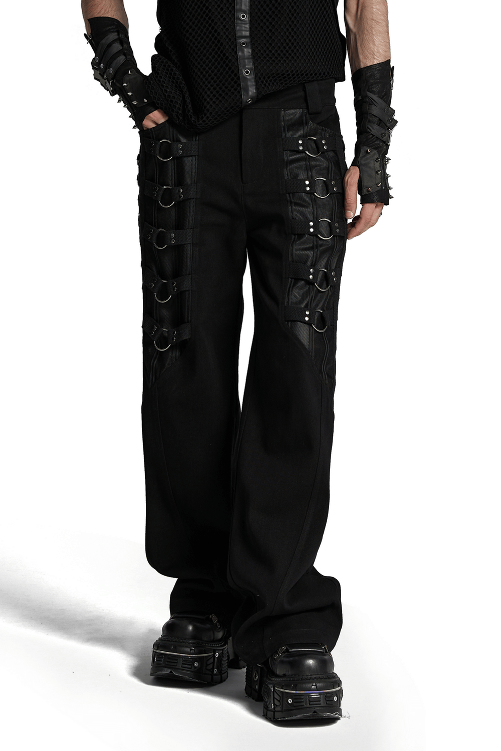 Sleek Gothic Black Pants with Metal Loops for Men