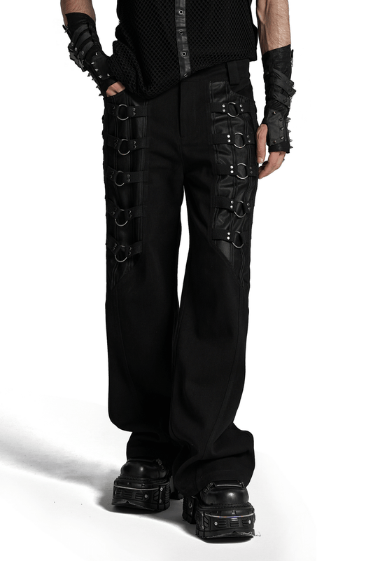 Sleek Gothic Black Pants with Metal Loops for Men