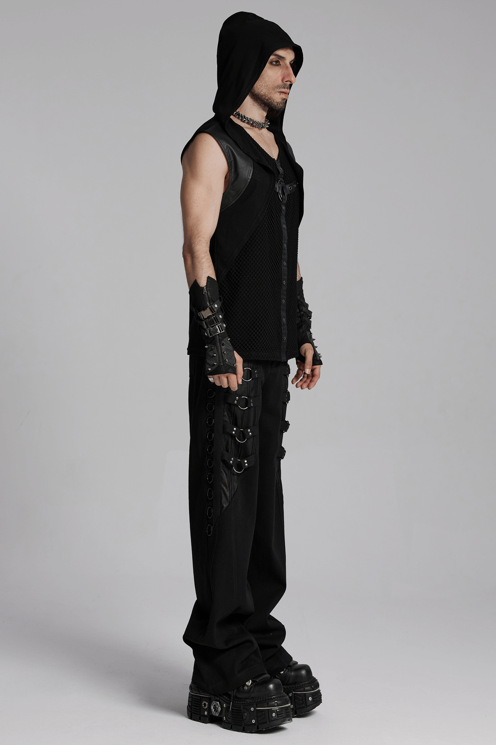Sleek Gothic Black Pants with Metal Loops for Men