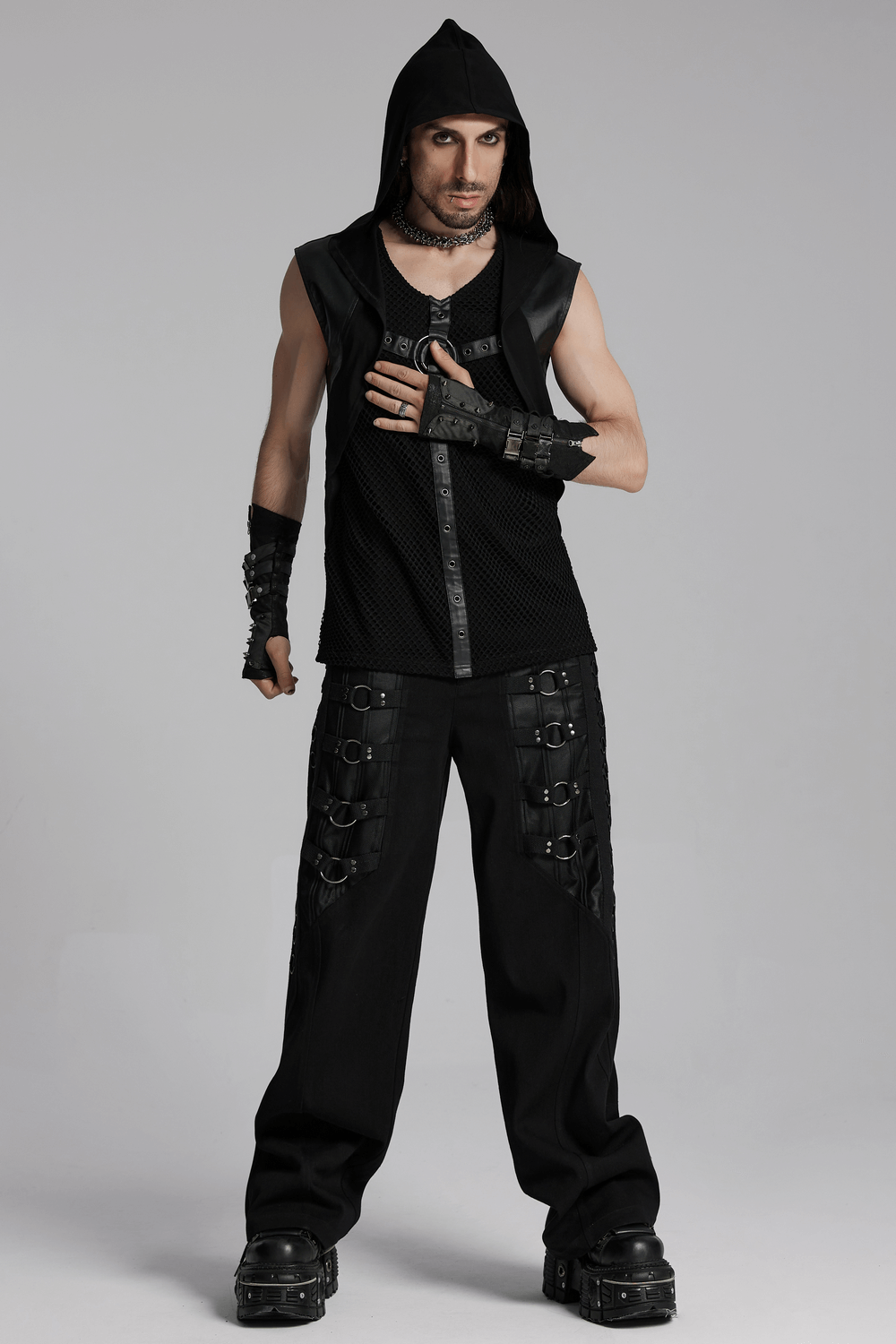 Sleek Gothic Black Pants with Metal Loops for Men