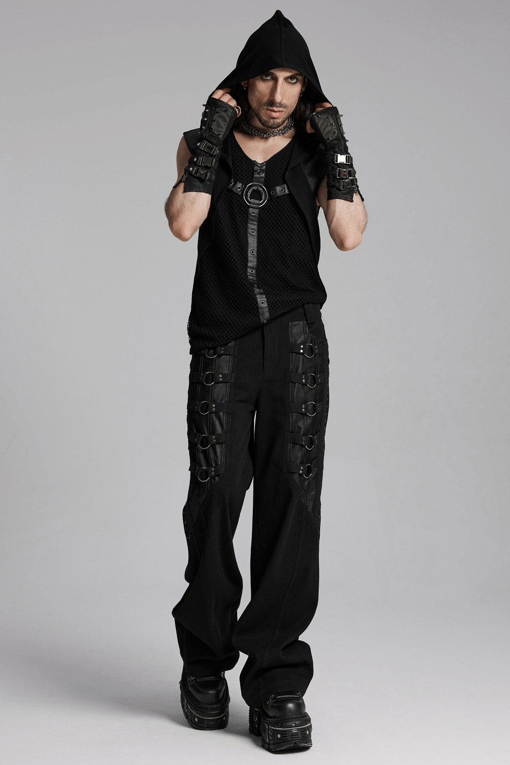 Sleek Gothic Black Pants with Metal Loops for Men
