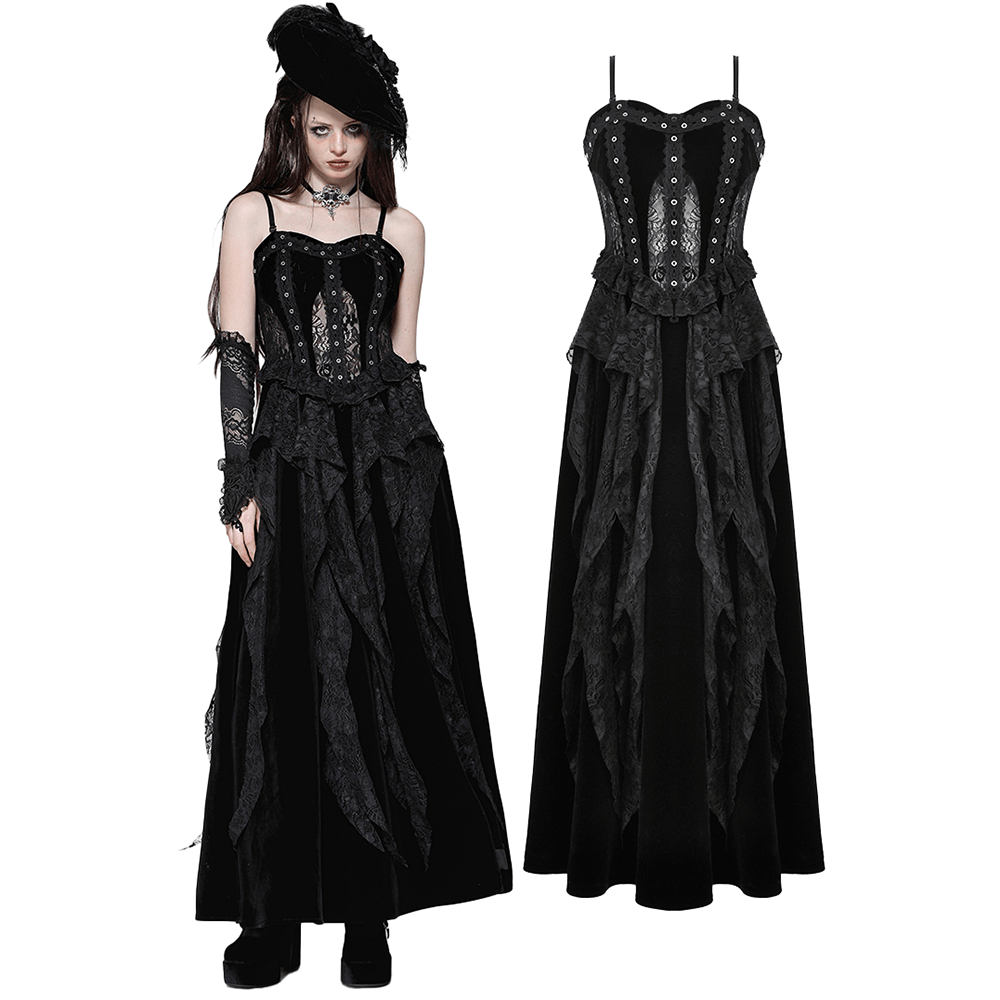 Sleek Lace and Velvet Corset Dress with Ruffled Details