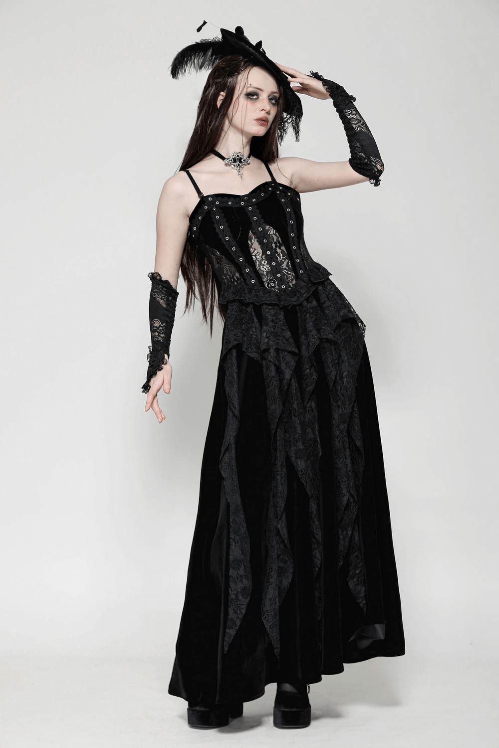 Sleek Lace and Velvet Corset Dress with Ruffled Details