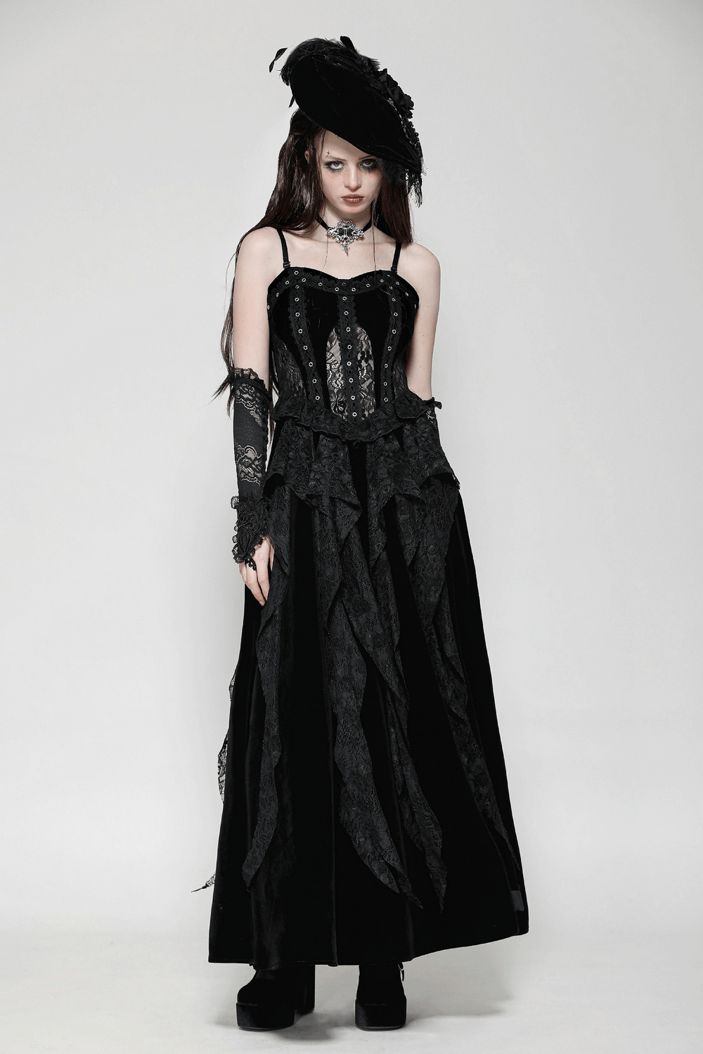 Sleek Lace and Velvet Corset Dress with Ruffled Details