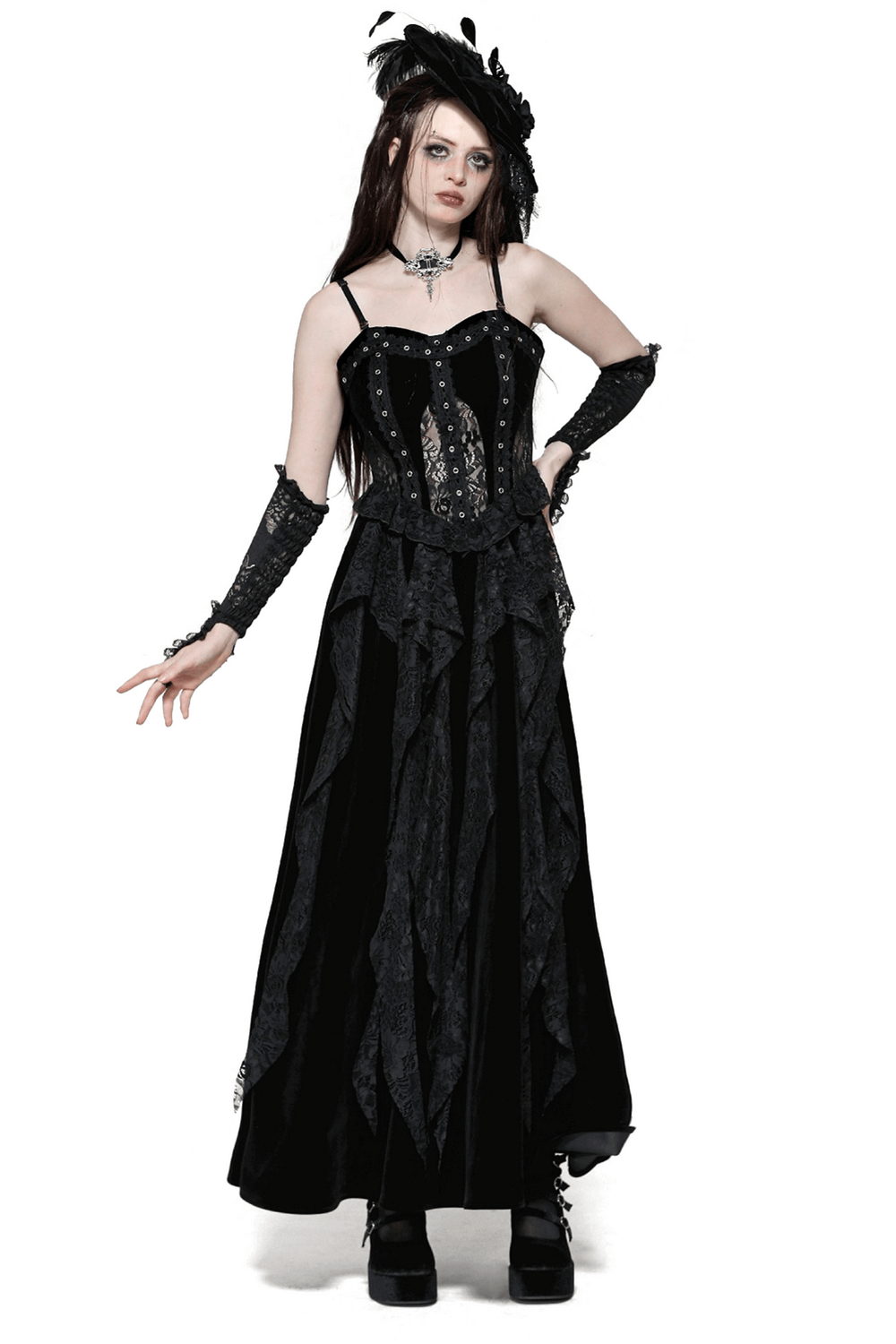 Sleek Lace and Velvet Corset Dress with Ruffled Details