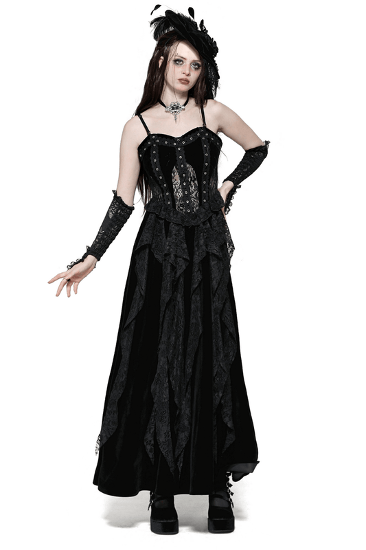 Sleek Lace and Velvet Corset Dress with Ruffled Details