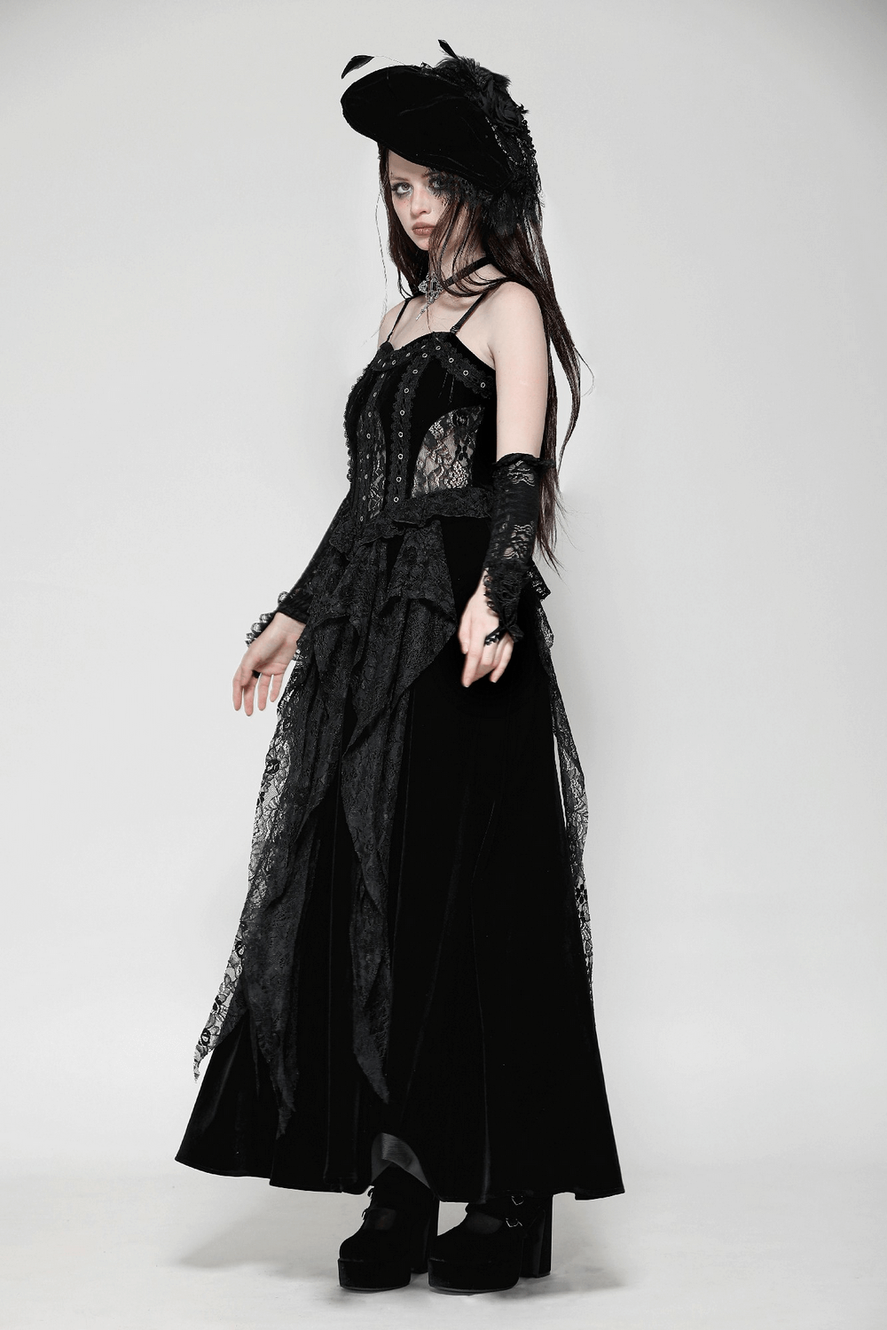 Sleek Lace and Velvet Corset Dress with Ruffled Details