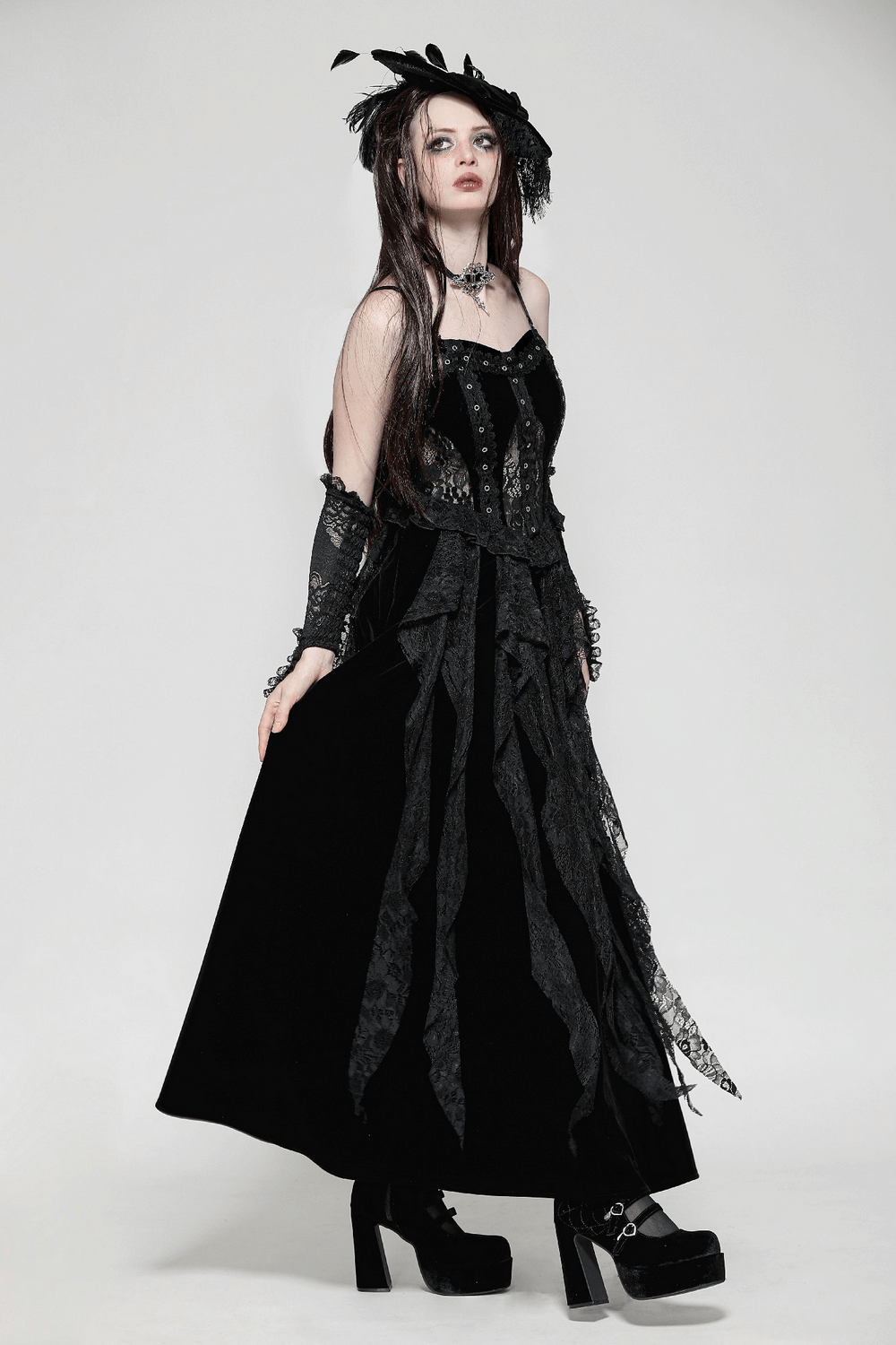 Sleek Lace and Velvet Corset Dress with Ruffled Details