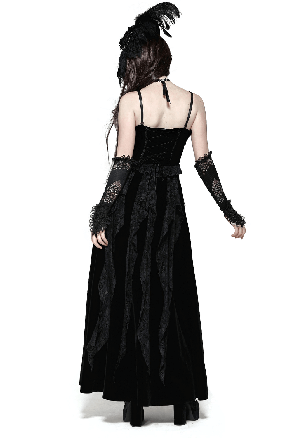 Sleek Lace and Velvet Corset Dress with Ruffled Details