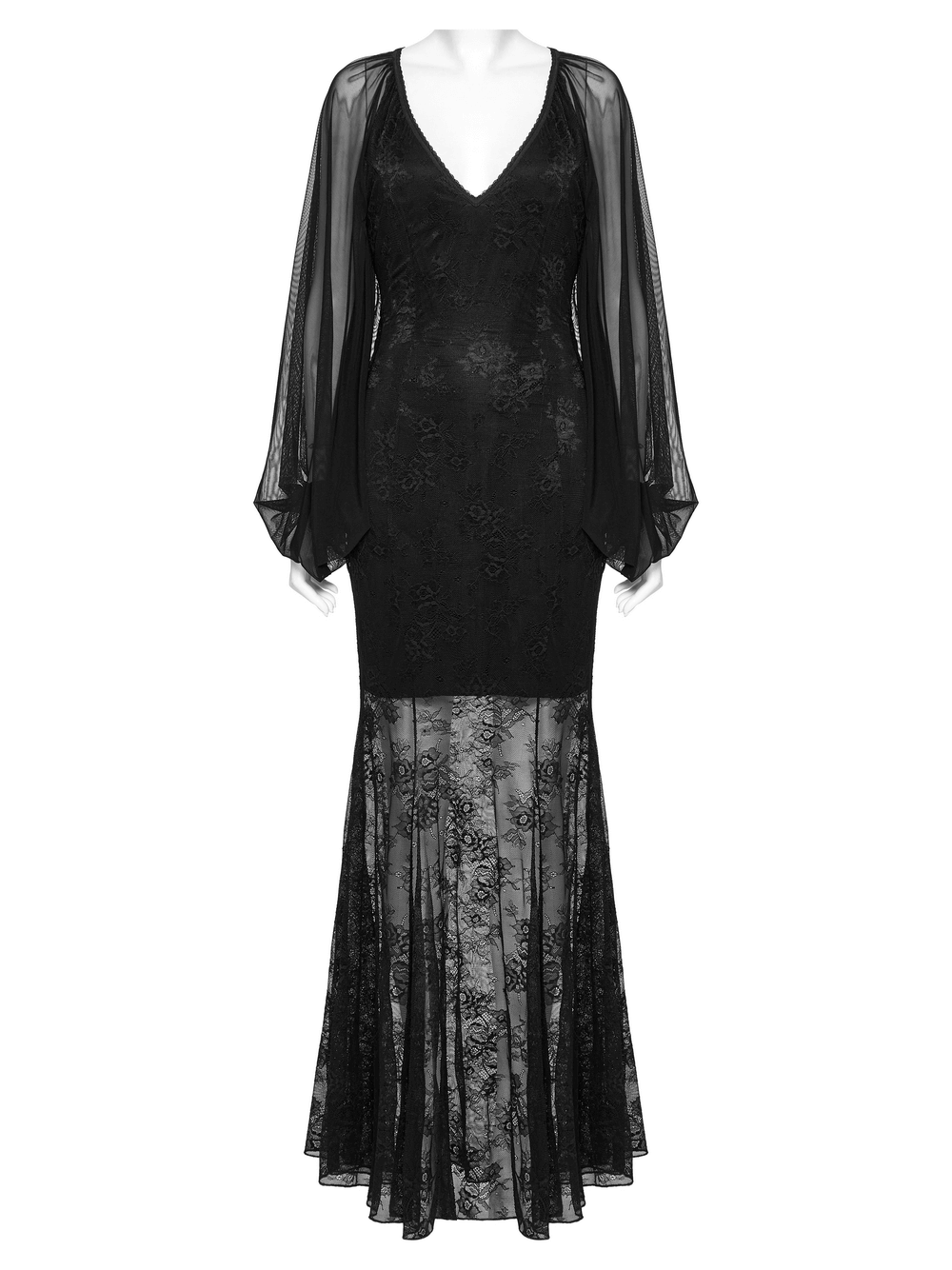 Sleek Lace Mermaid Dress with Bat Mesh Sleeves
