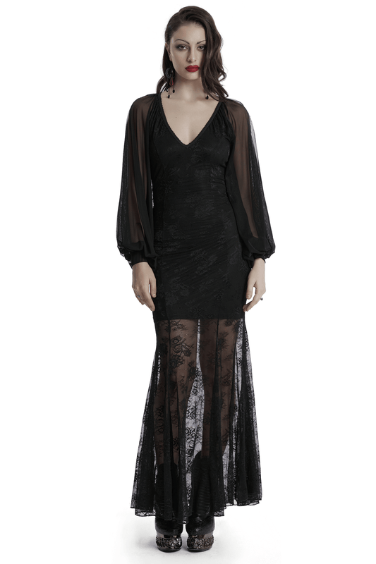 Sleek Lace Mermaid Dress with Bat Mesh Sleeves