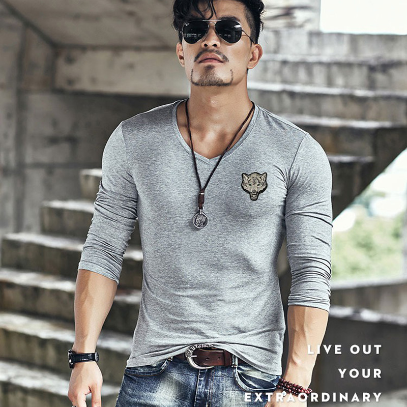 Slim Cotton T-Shirt for Men / V Neck Long Sleeve T-Shirt with Embroidery Wolf