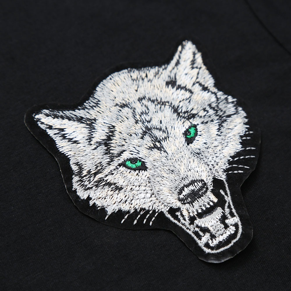 Slim Cotton T-Shirt for Men / V Neck Long Sleeve T-Shirt with Embroidery Wolf